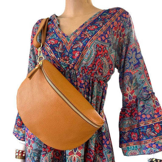 Large Italian Leather Crossbody - Camel