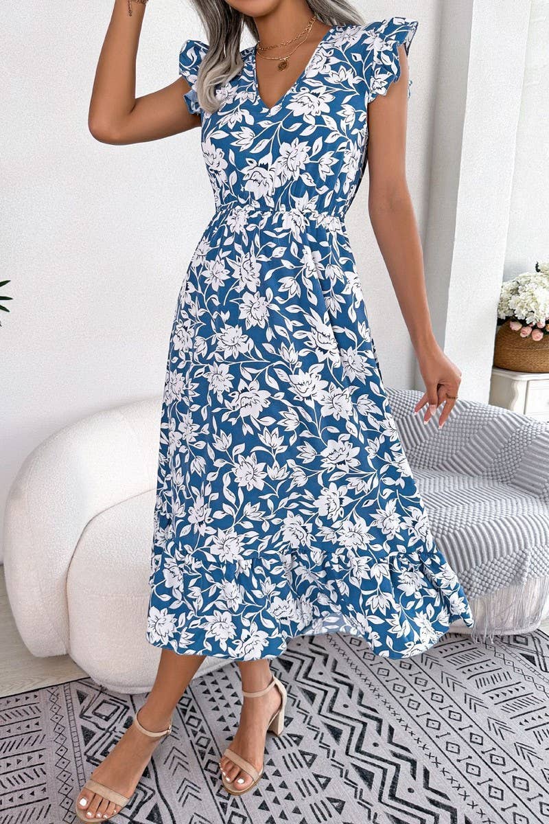 Floral Dress w/Ruffle Cap Sleeve - Blue