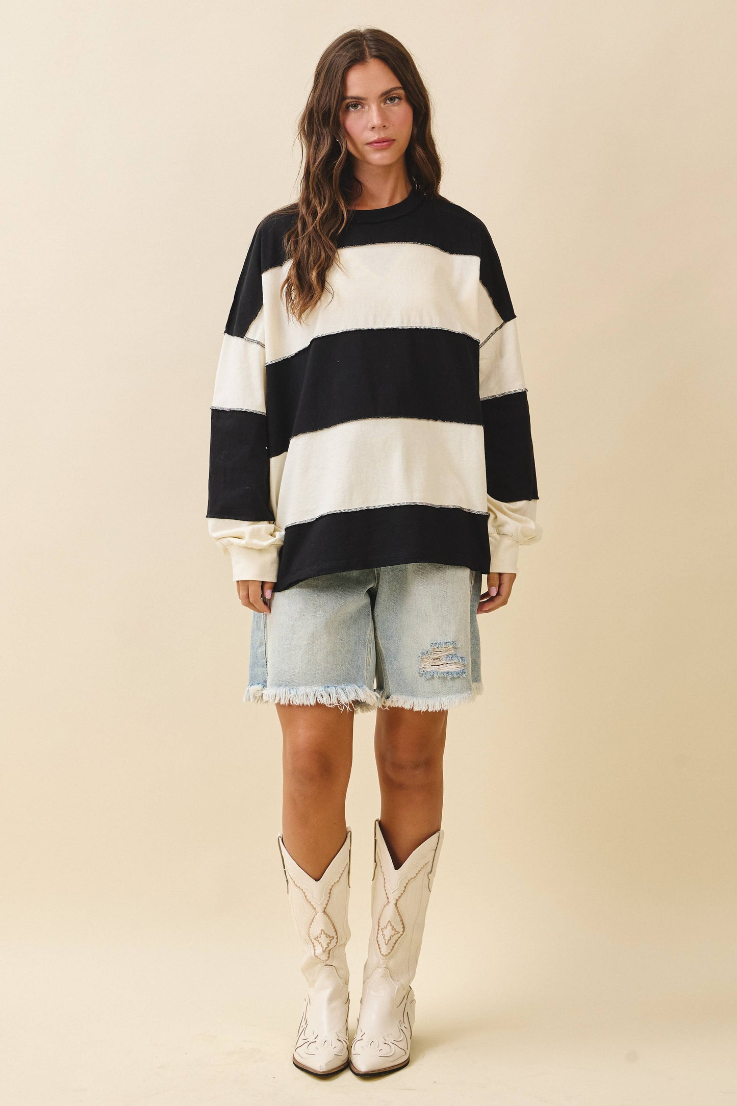Rugby Long Sleeve Slouchy Top- Black/Butter