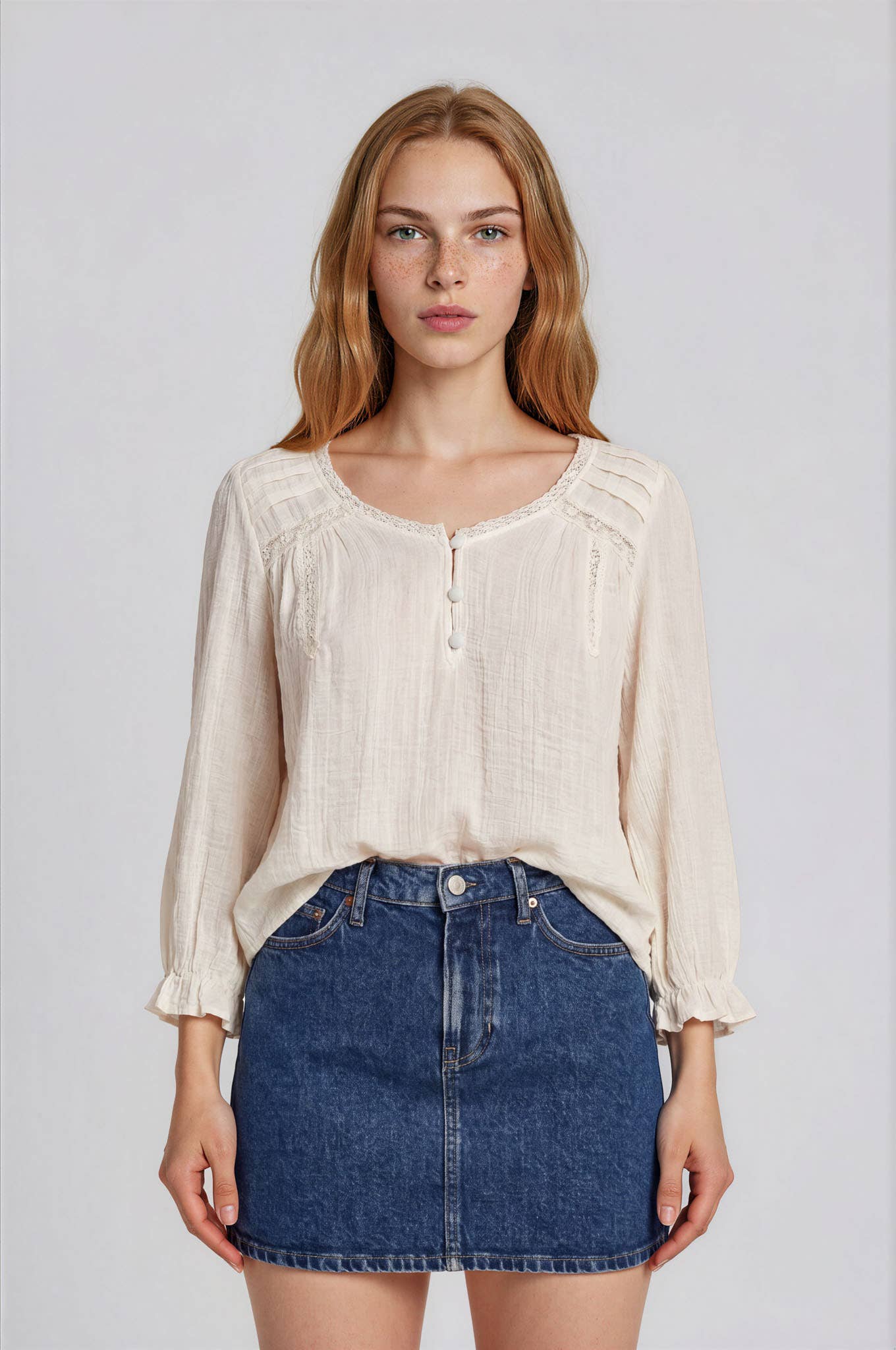 V-neck Henley w/ Crochet Trim - Cream