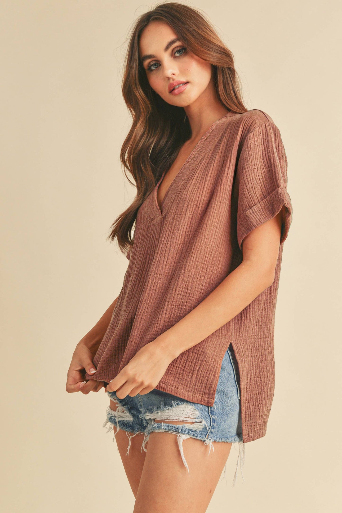 Short Sleeve Cotton Gauze Top In Two Colors -  Sage and Terracotta