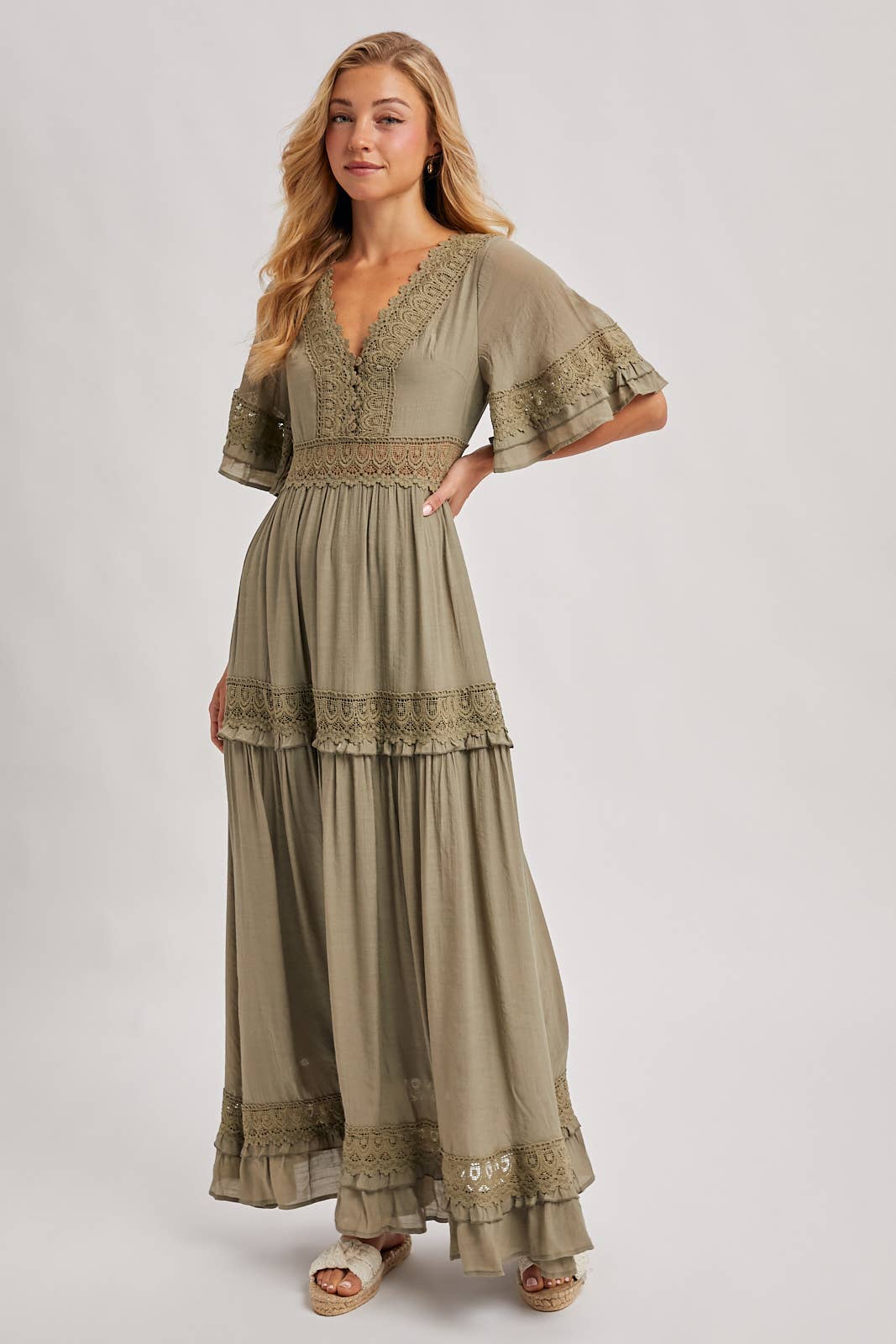 V-Neck Maxi Dress-Olive