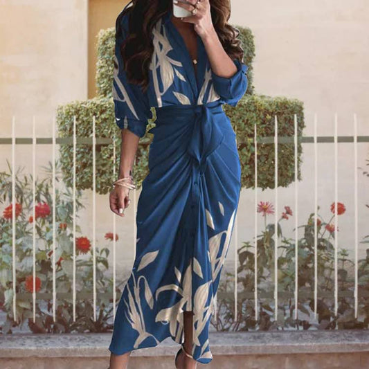V-Neck Shirt Dress with Ruched Sides - Blue Floral
