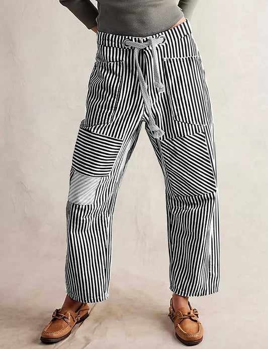 Striped Drawstring Pants - black and white