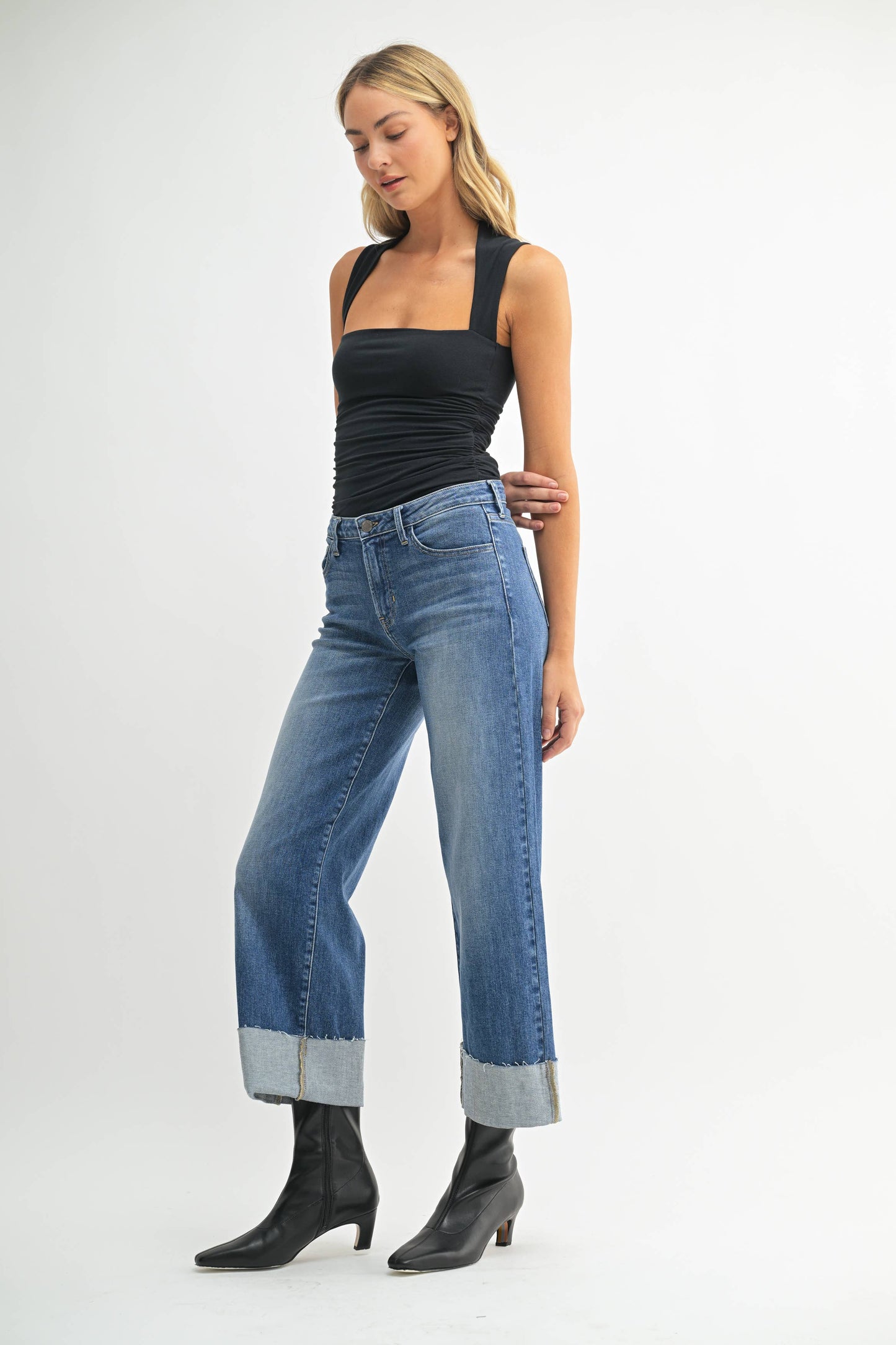Scissor Cut Cuffed Wide Leg - Medium Wash