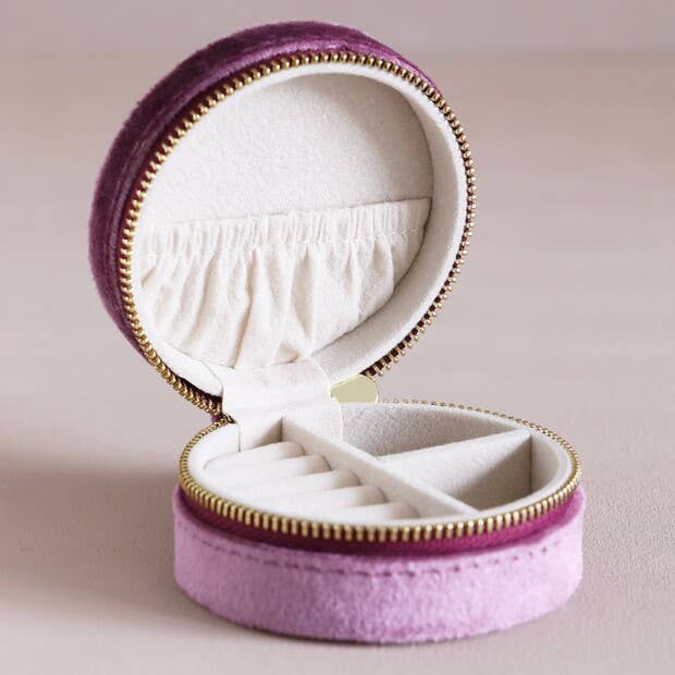 Mauve Pink Velvet Round Mini Travel Jewelry Case