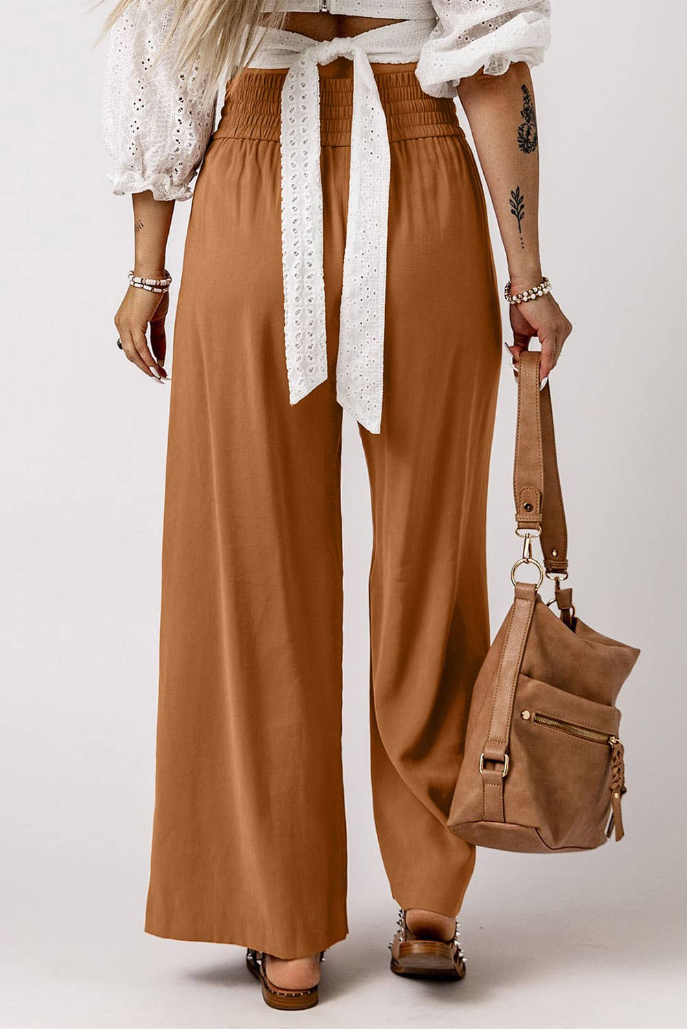 Drawstring Stretch Waist, Wide Leg Pants