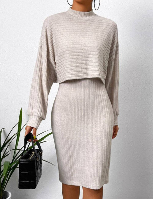 Slip Dress w/ Mock Neck Cropped Sweater- Apricot