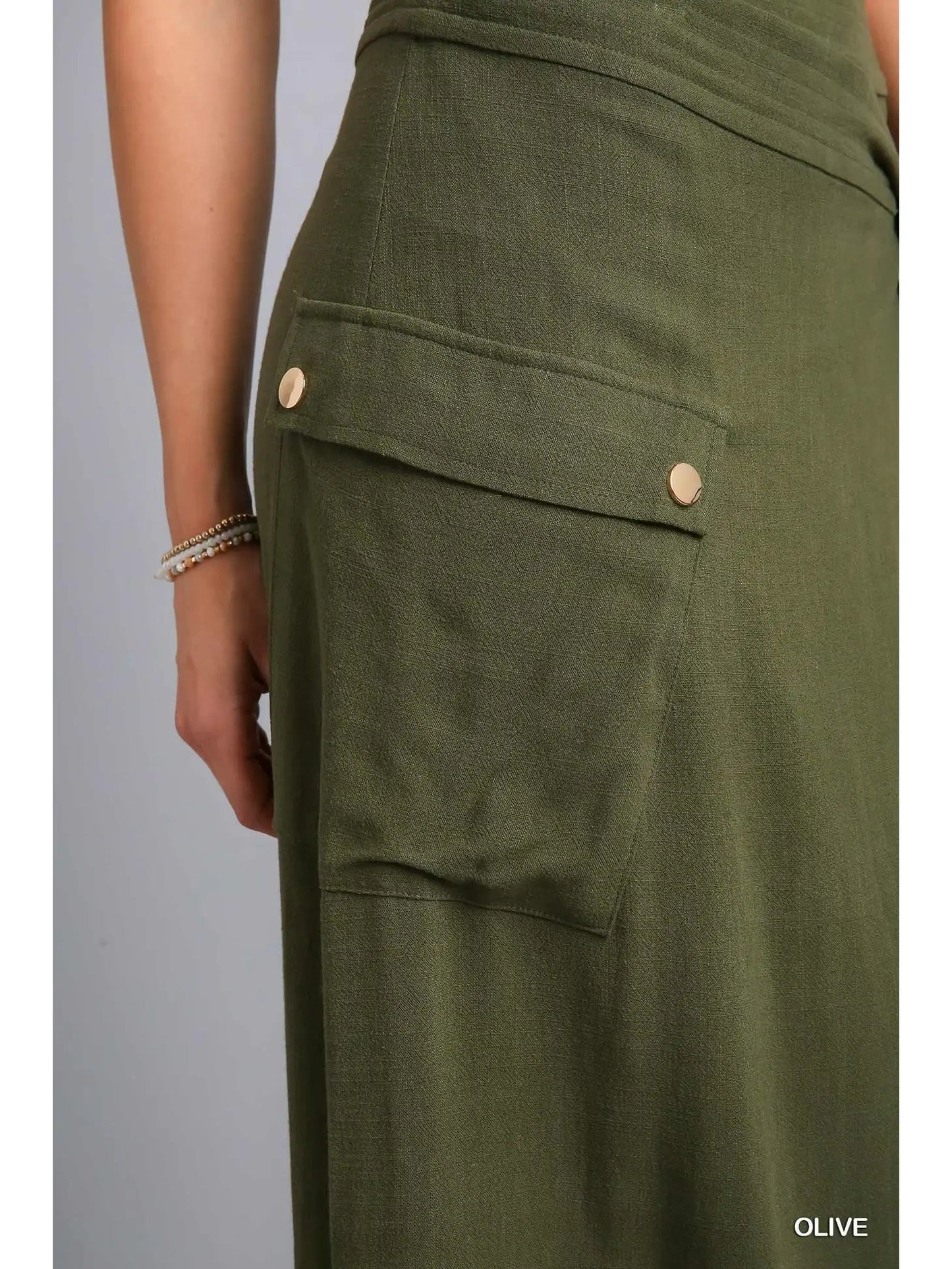 Linen Blend Cargo Wrap Skirt - Olive
