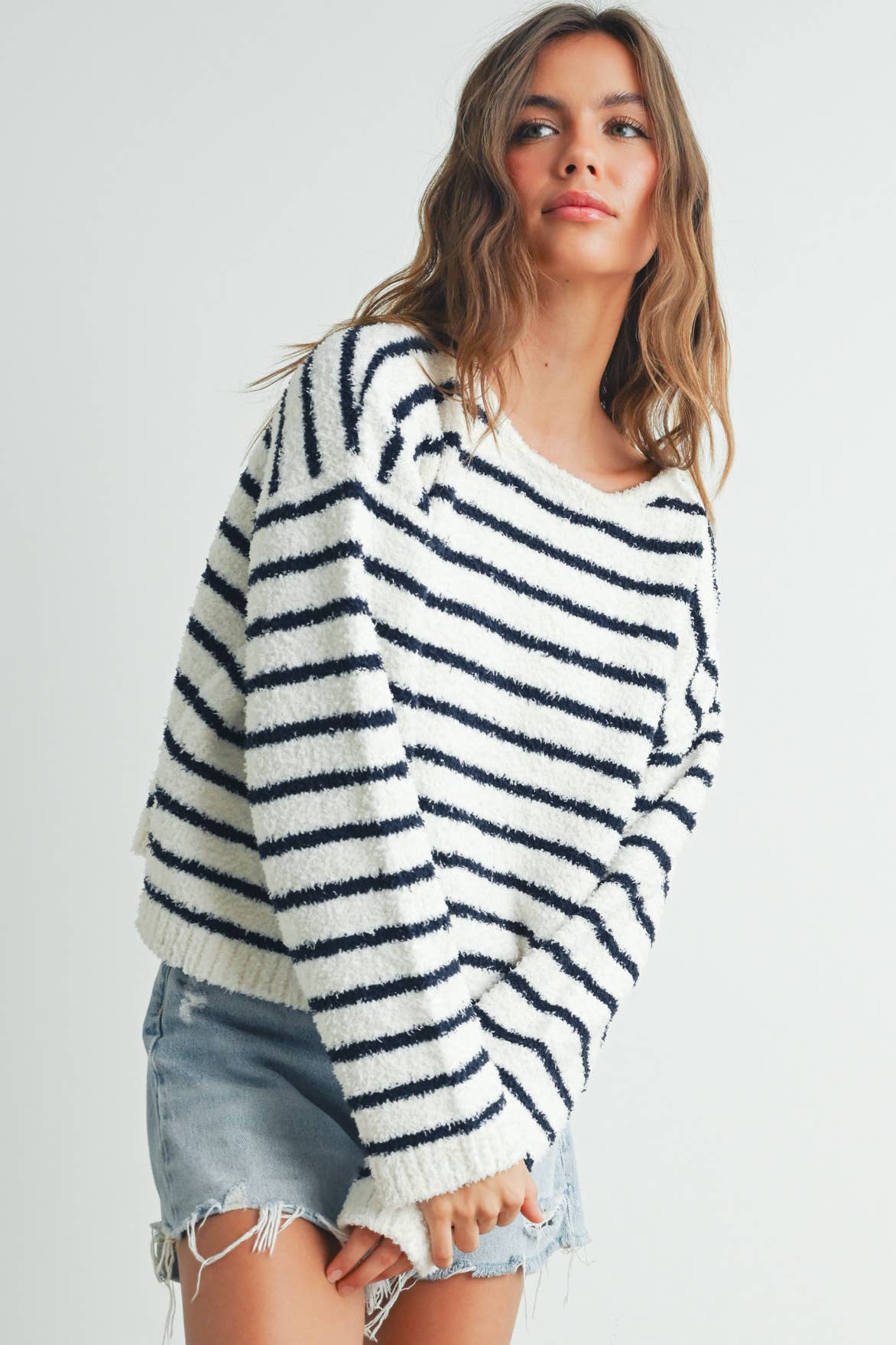 Basic Striped Knit Sweater - Navy/Cream