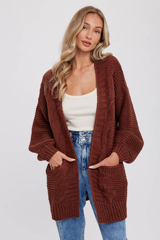 Chunky Cable Lantern Sleeve Cardigan- Chocolate