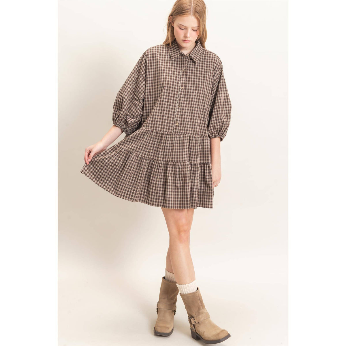 Plaid Button-Down Tiered Dress
