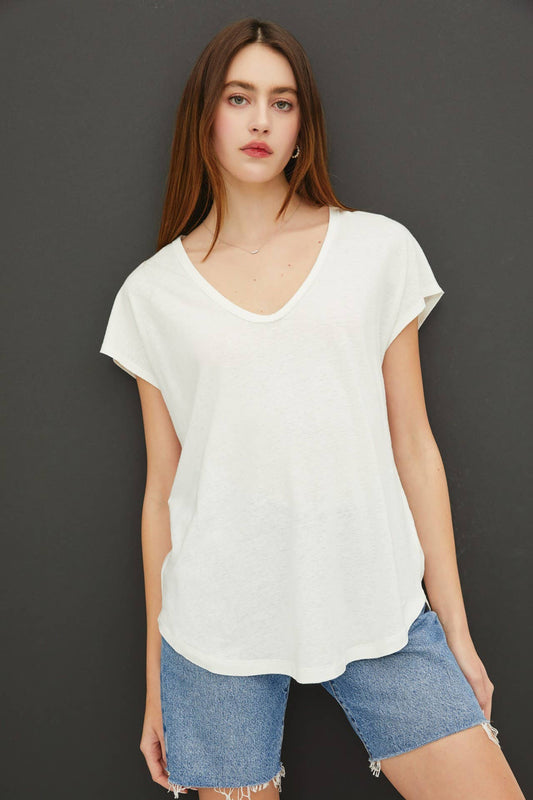 Raw Edge Detailed V-Neck Linen Tee - Off White