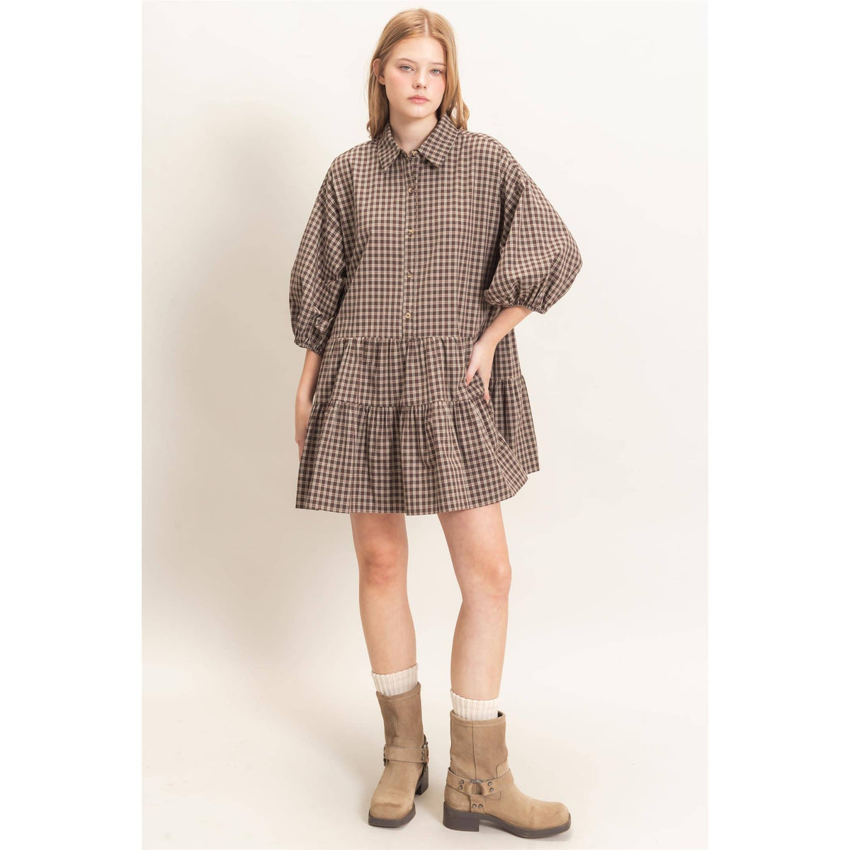 Plaid Button-Down Tiered Dress
