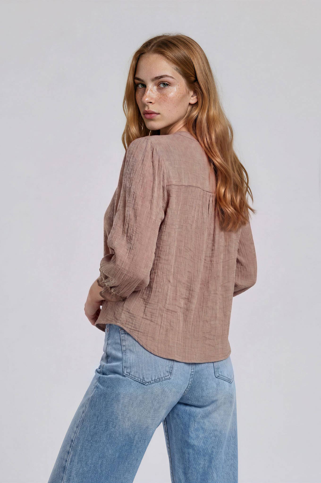 V-neck Henley w/ Crochet Trim - Brown