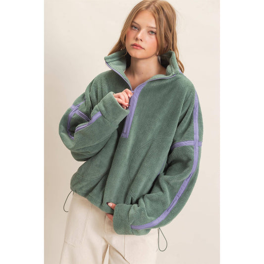 Contrast Trim Half-Zip Fleece Pullover -Pistachio