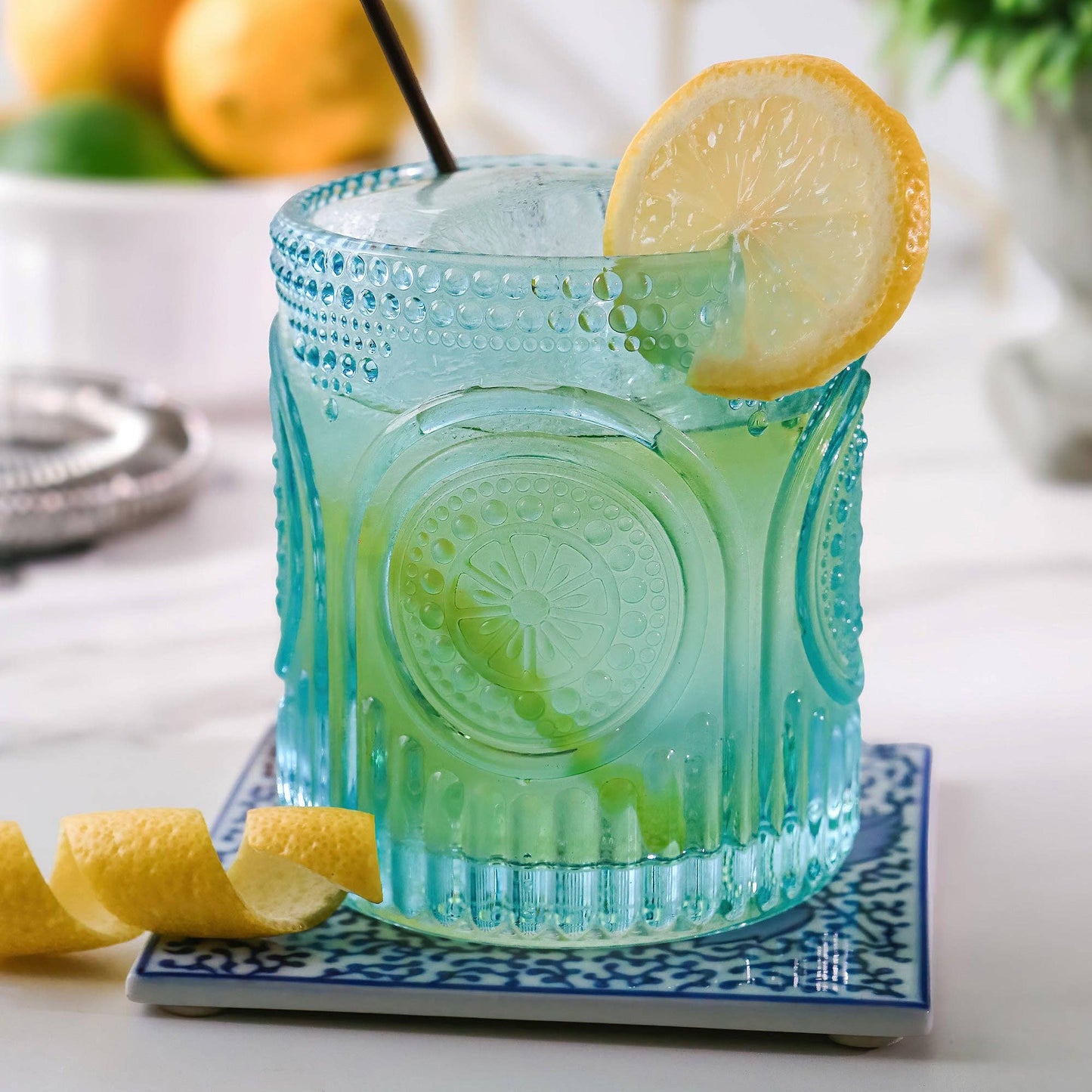 10 oz. Ribbed Retro Arch Floral Aqua Blue Drinking Glasses