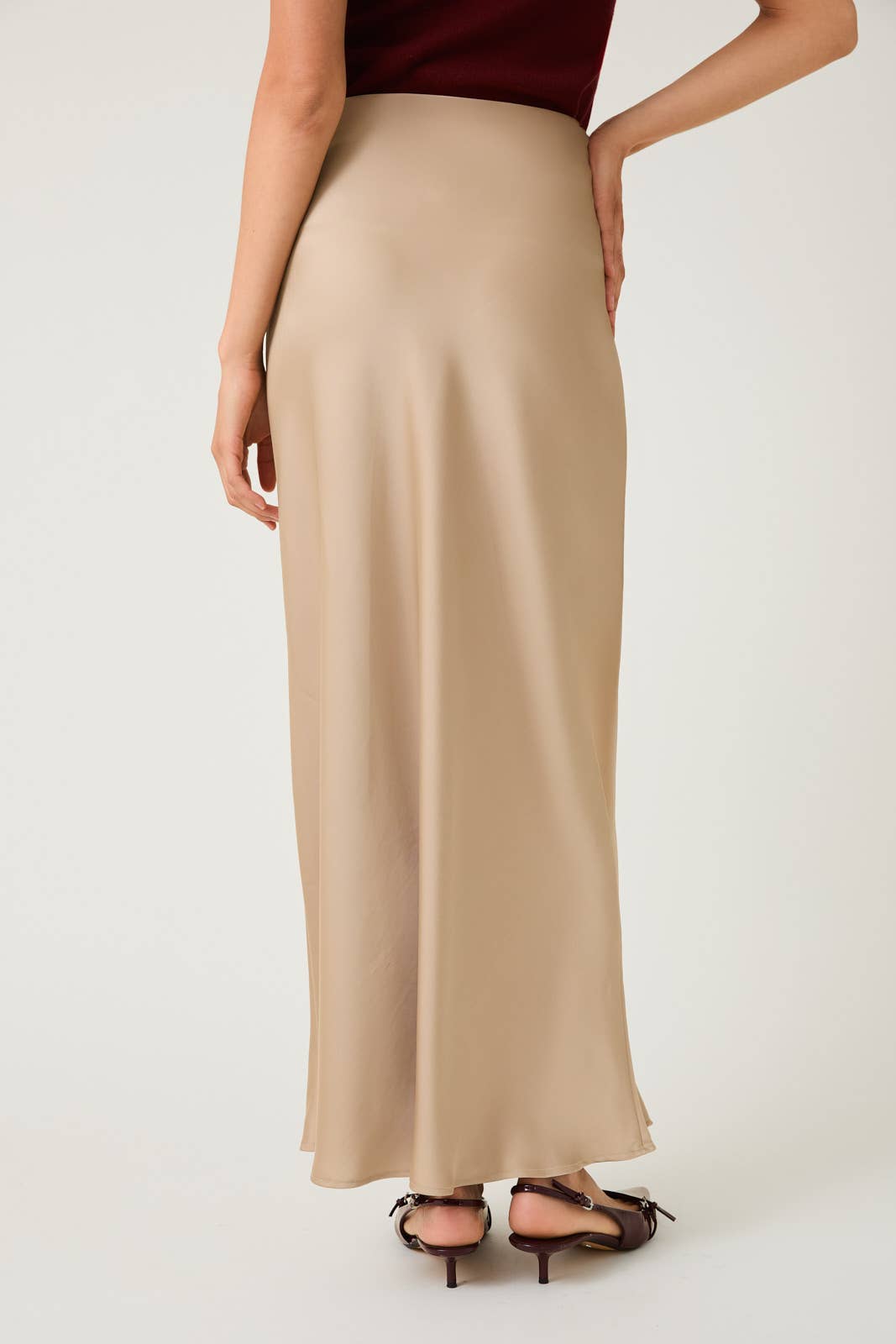 Satin Midi Skirt - Tan