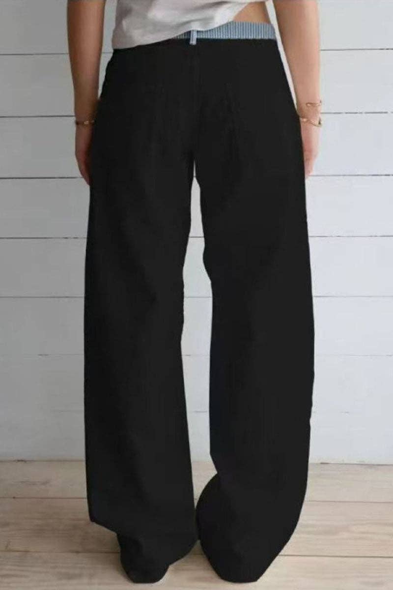 Striped Waistband Wide-Leg Casual Pants - Black