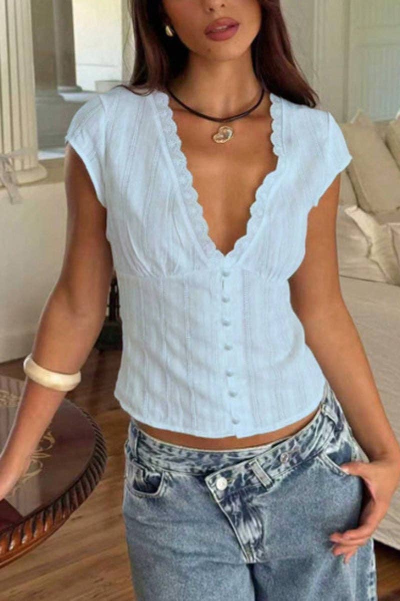 Button-Front Lace Trim Blouse
