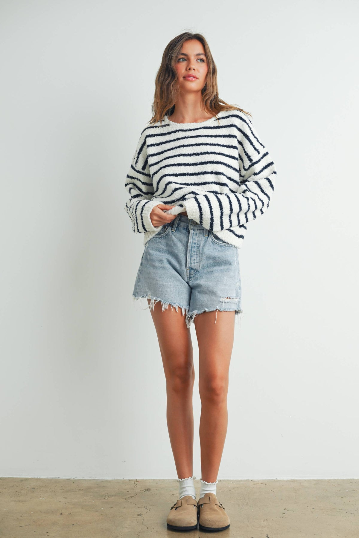 Basic Striped Knit Sweater - Navy/Cream