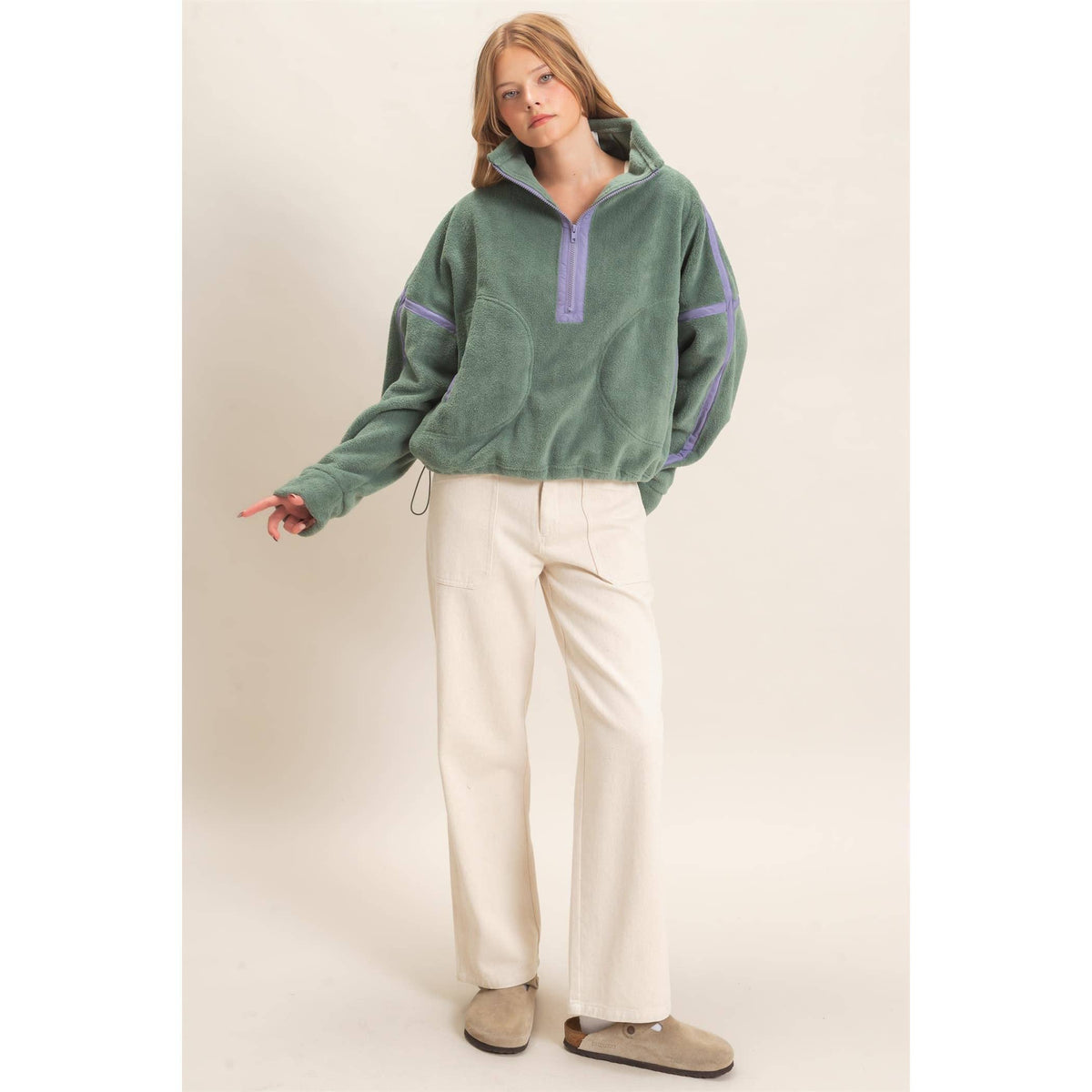 Contrast Trim Half-Zip Fleece Pullover -Pistachio