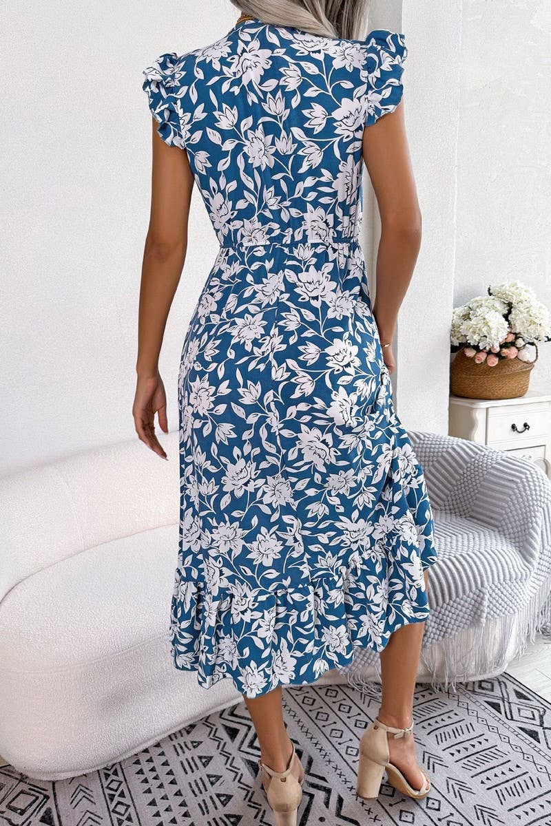 Floral Dress w/Ruffle Cap Sleeve - Blue