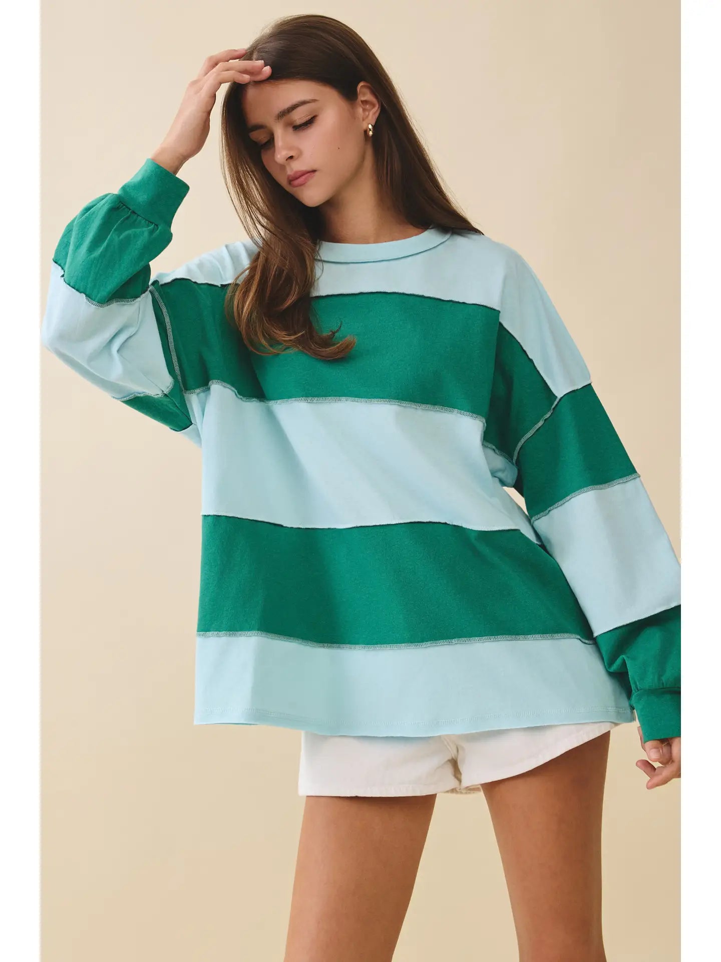 Rugby Long Sleeve Slouchy Top - Sky/Green
