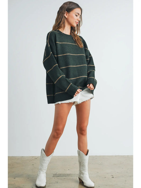 Striped  Drop Shoulder Sweater-Olive