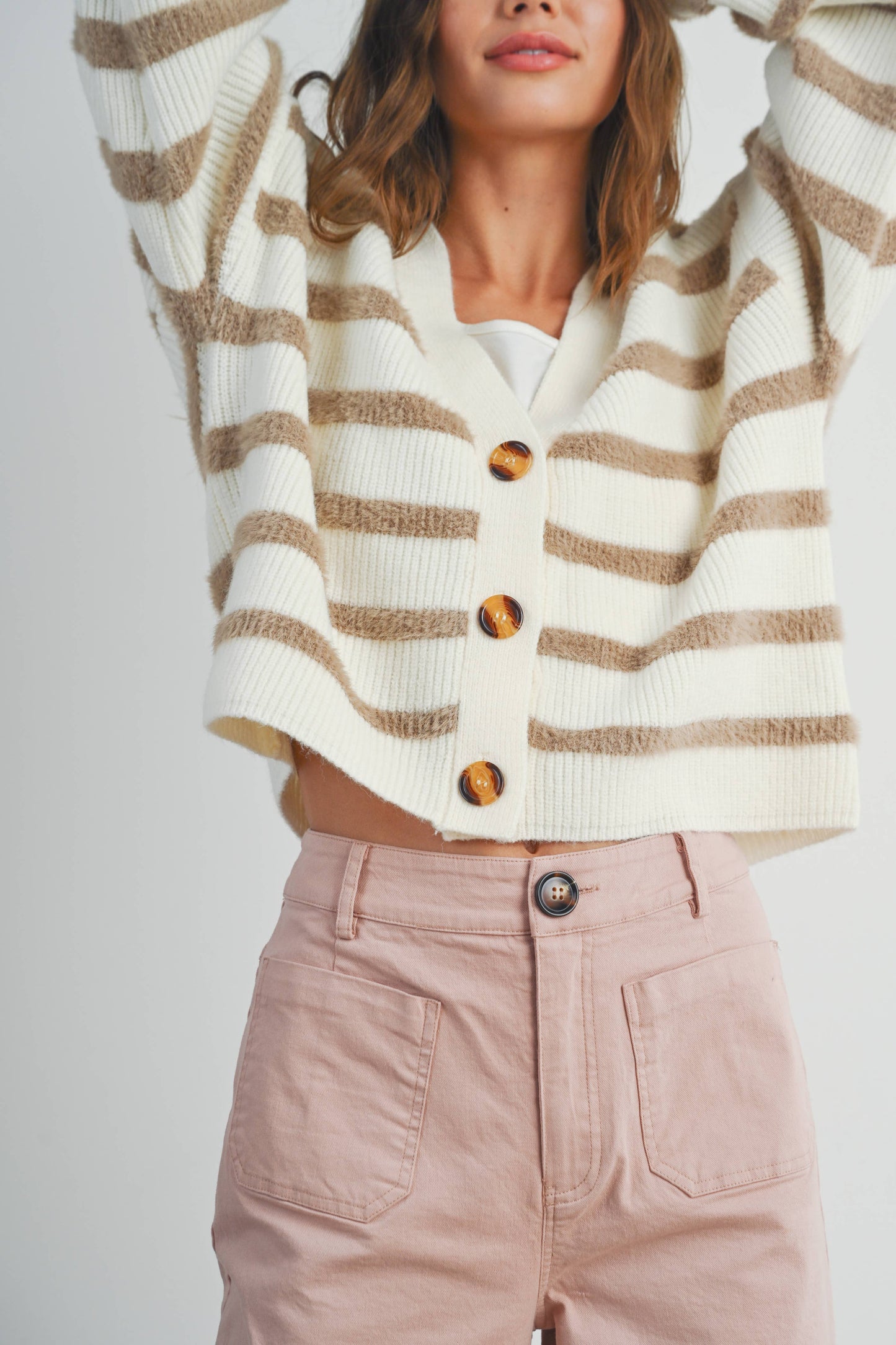 Striped  Cardigan - Ivory/Taupe