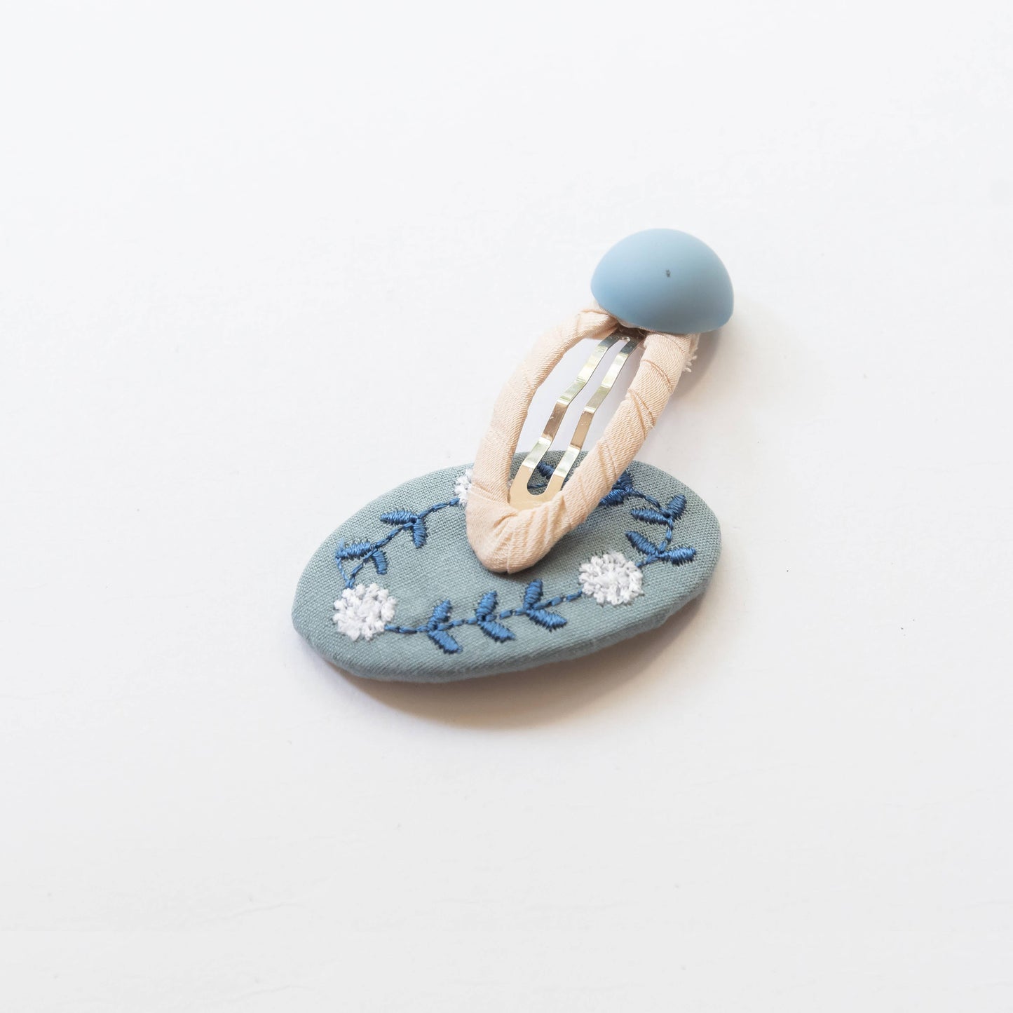 Oval Embroidered Floral Snap Hair Clips | Sky Blue