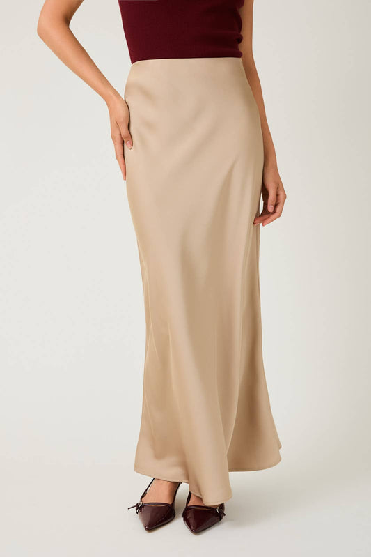 Satin Midi Skirt - Tan