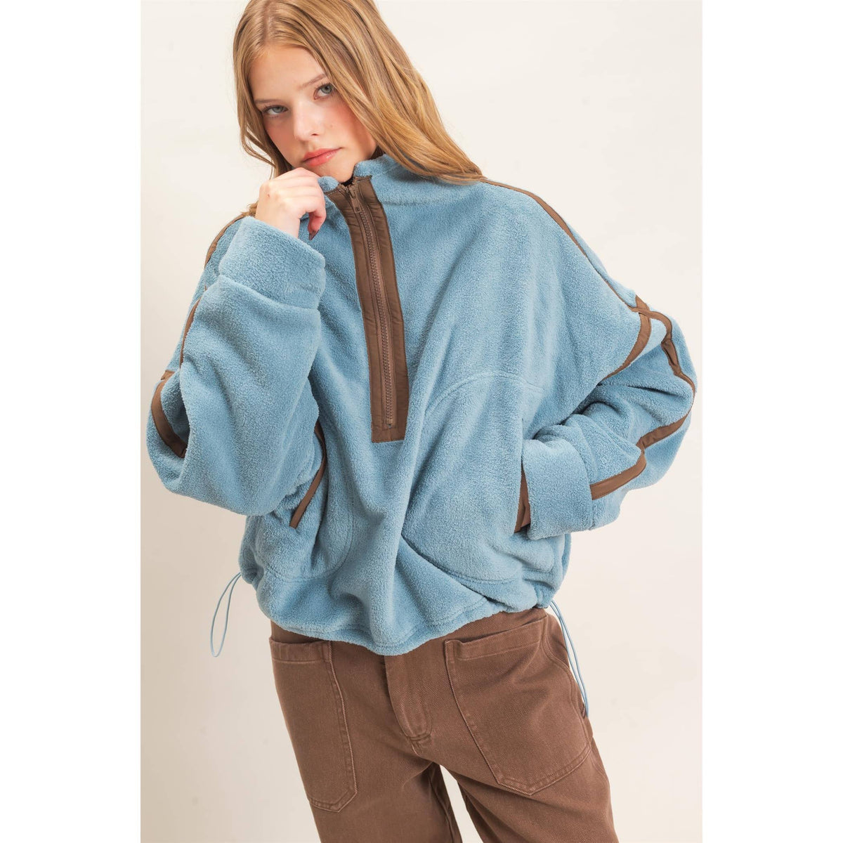 Contrast Trim Half-Zip Fleece Pullover -Blue