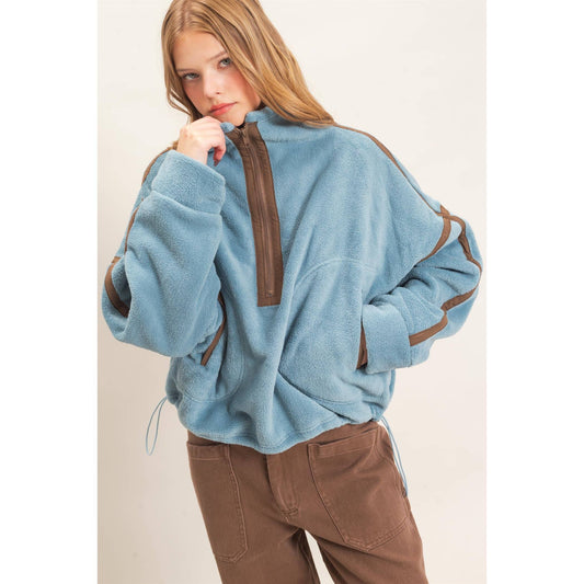 Contrast Trim Half-Zip Fleece Pullover -Blue