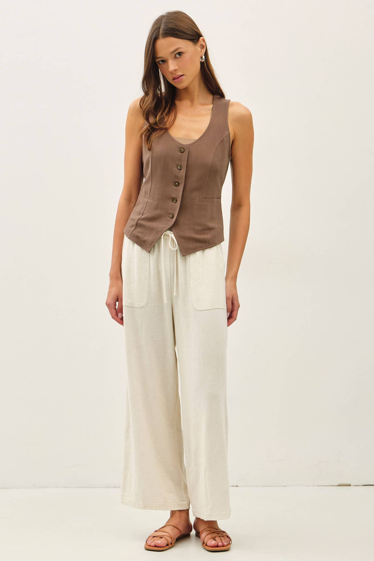 Linen Vest w/back belt - cocoa