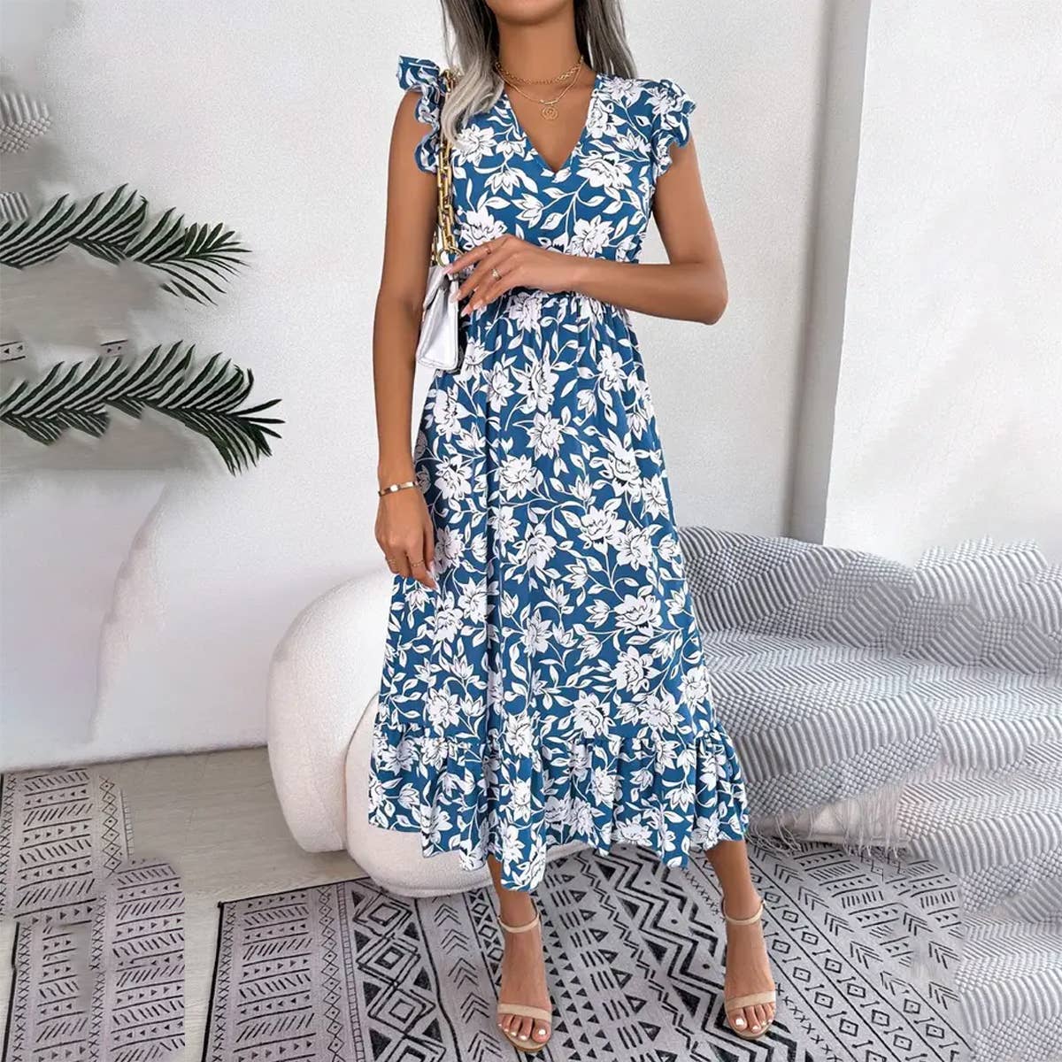 Floral Dress w/Ruffle Cap Sleeve - Blue