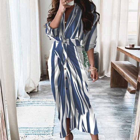 V-Neck Shirt Dress with Ruched Sides - Blue Stripe
