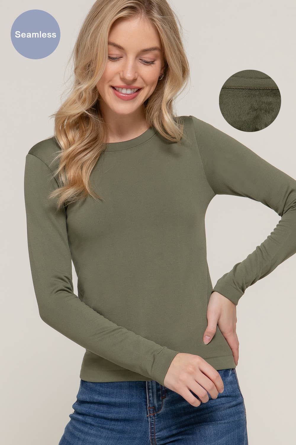 Long Sleeve Crew Neck Inner Fur Seamless Top - Olive