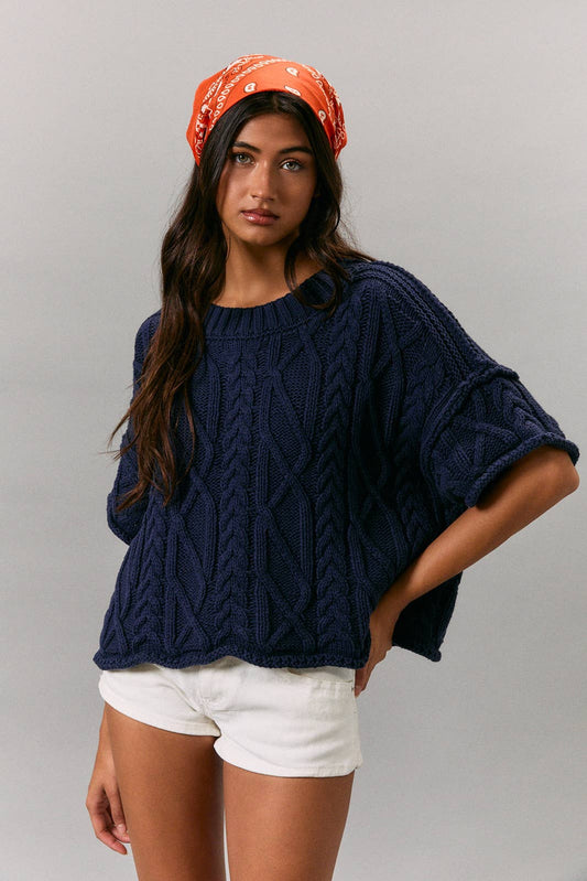 Short Sleeve Knit Sweater - Navy