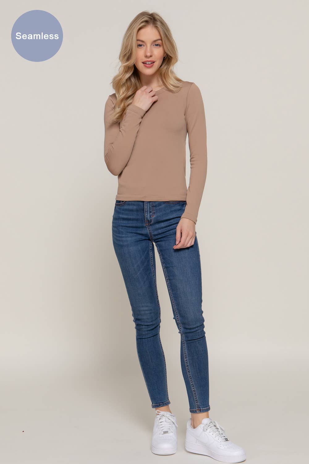 Long Sleeve Crew Neck Inner Fur Seamless Top - Toffee