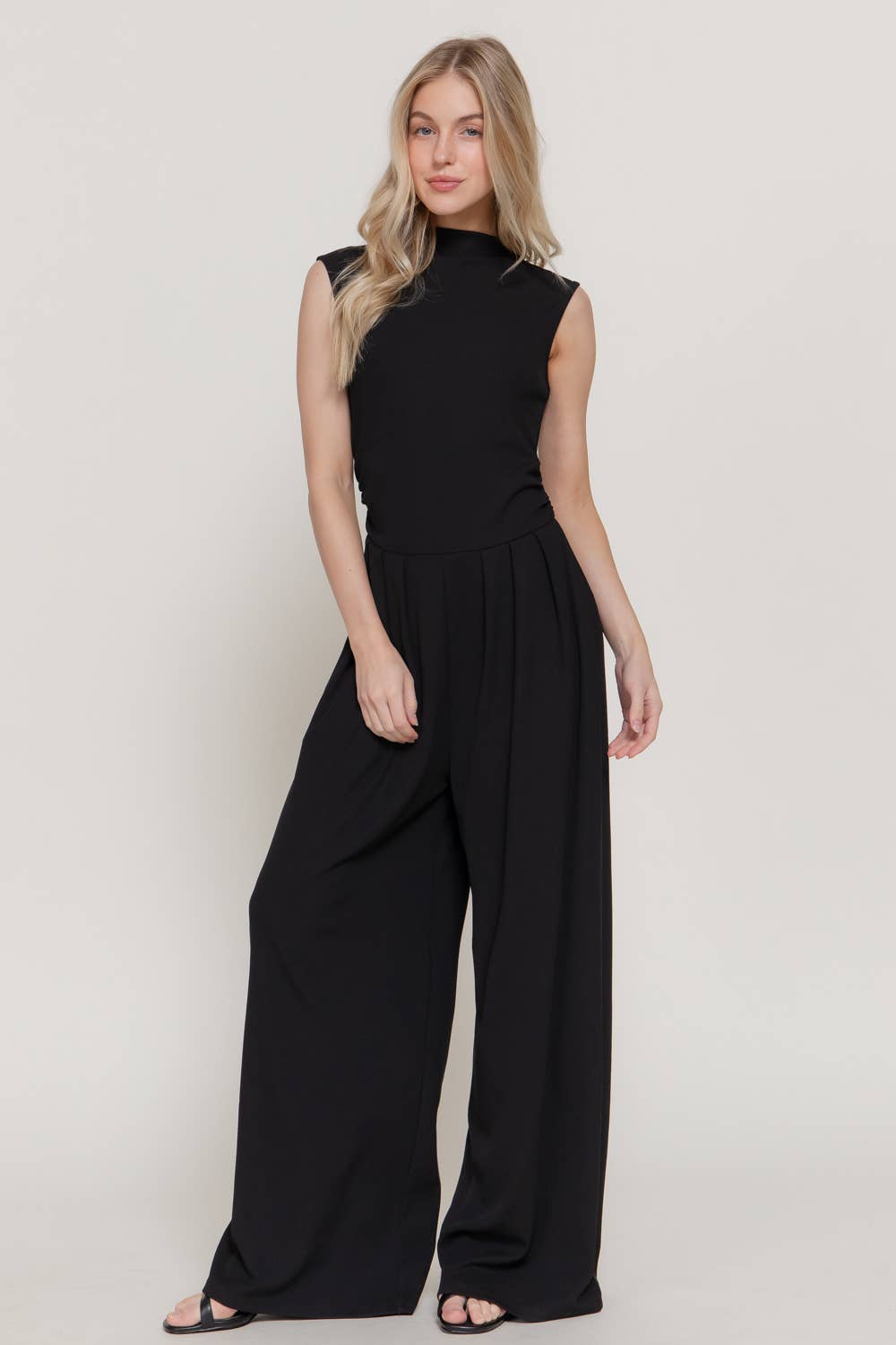Sleeveless High Neck Pleated Rib Jumpsuit
