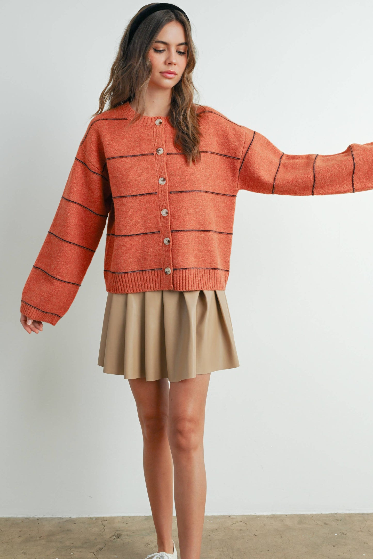 Button Front Striped Cardigan - Rust