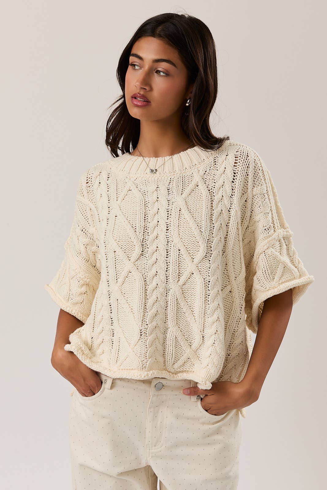 Short Sleeve Knit Sweater - Cream