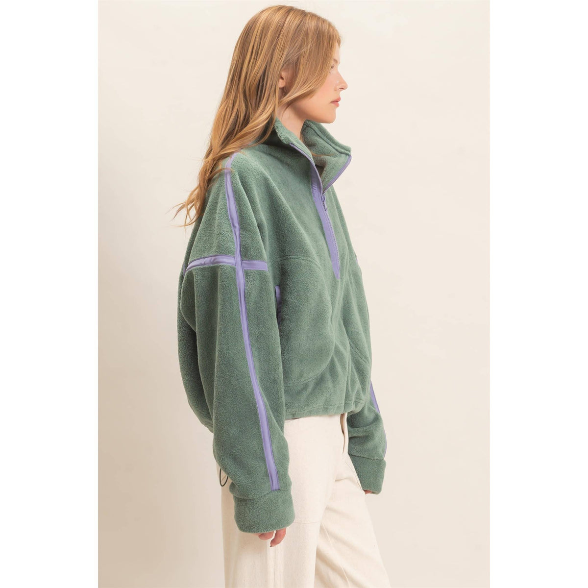 Contrast Trim Half-Zip Fleece Pullover -Pistachio