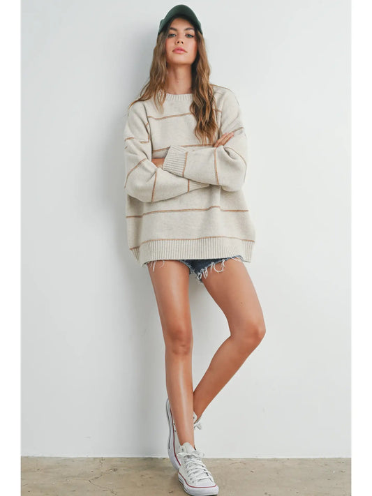 Striped  Drop Shoulder Sweater-Taupe