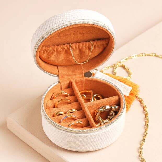 Embroidered Leaves Mini Round Linen Travel Jewellery Case