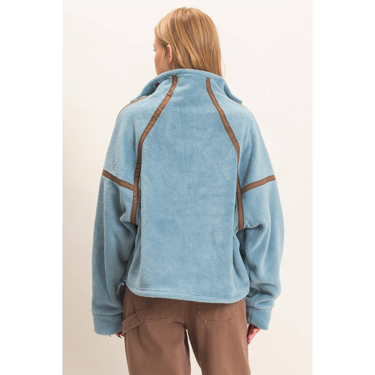 Contrast Trim Half-Zip Fleece Pullover -Blue