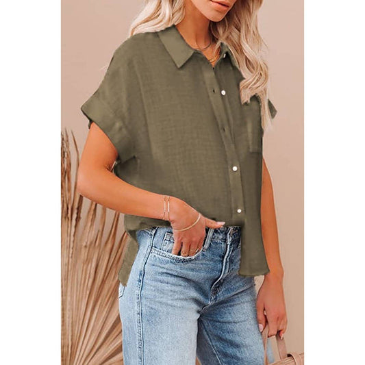 Women's Short Sleeve Button Down - Army Green