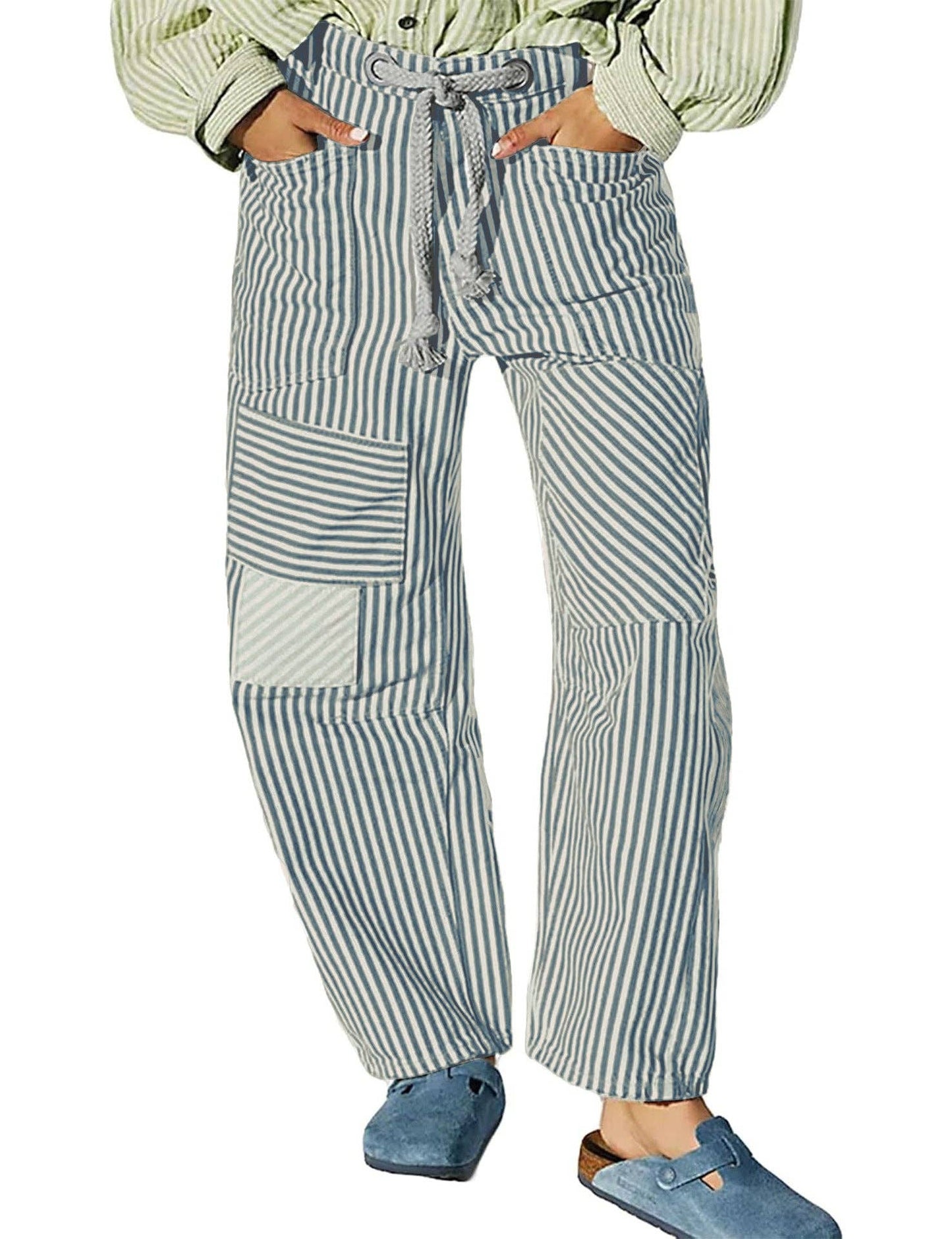 Striped Drawstring Pants - blue and white
