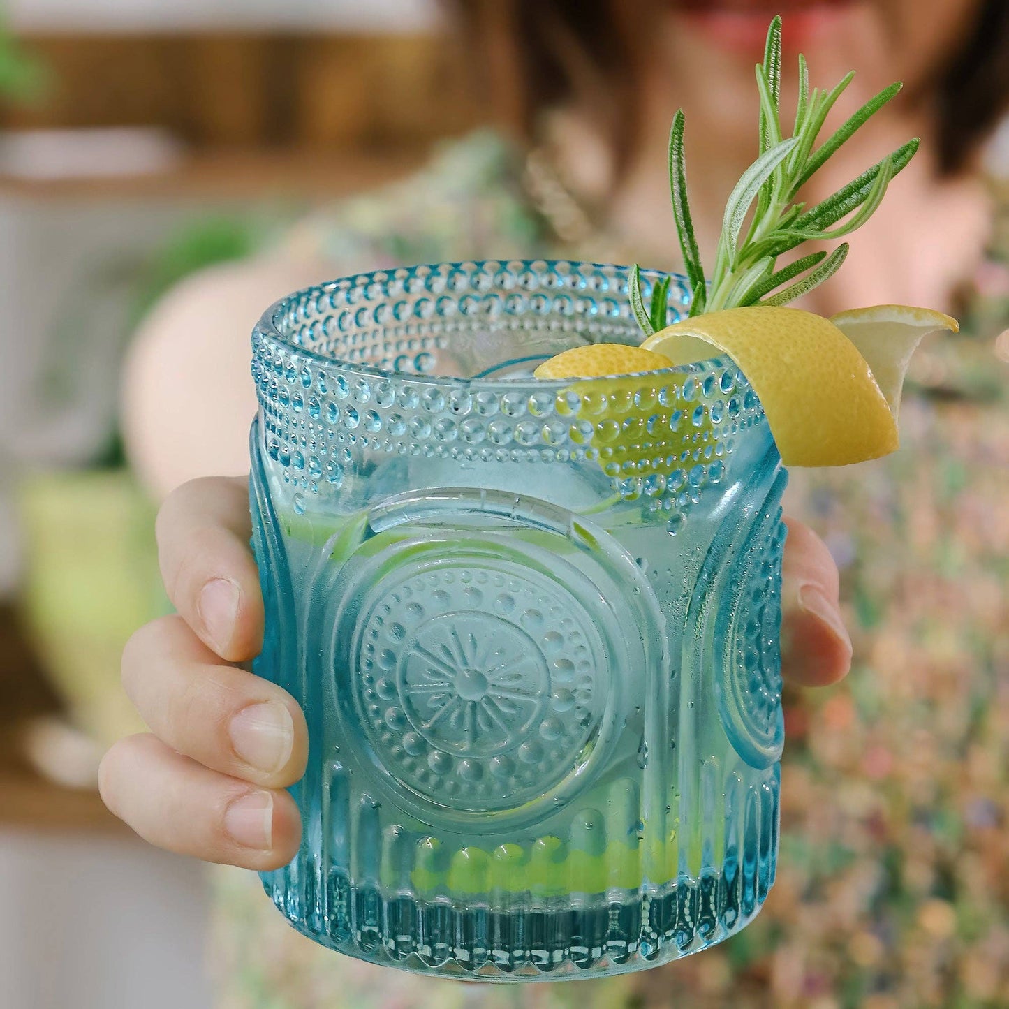 10 oz. Ribbed Retro Arch Floral Aqua Blue Drinking Glasses